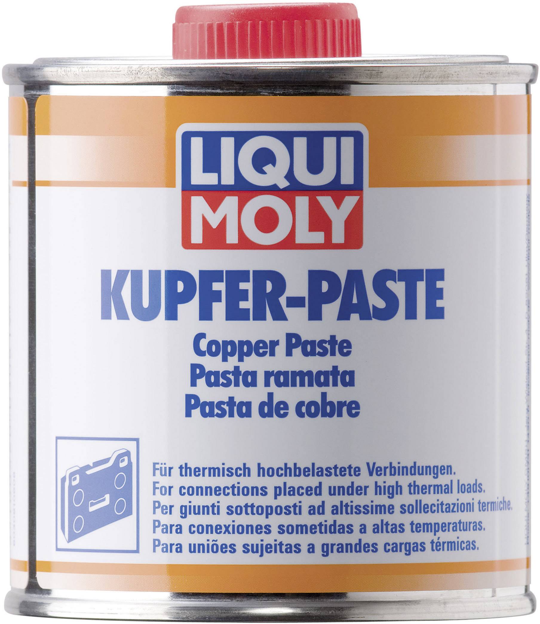 Container of 'LIQUI MOLY COPPER GREASE' for connecting parts at high temperatures, multilingual labelling, 250 grams.