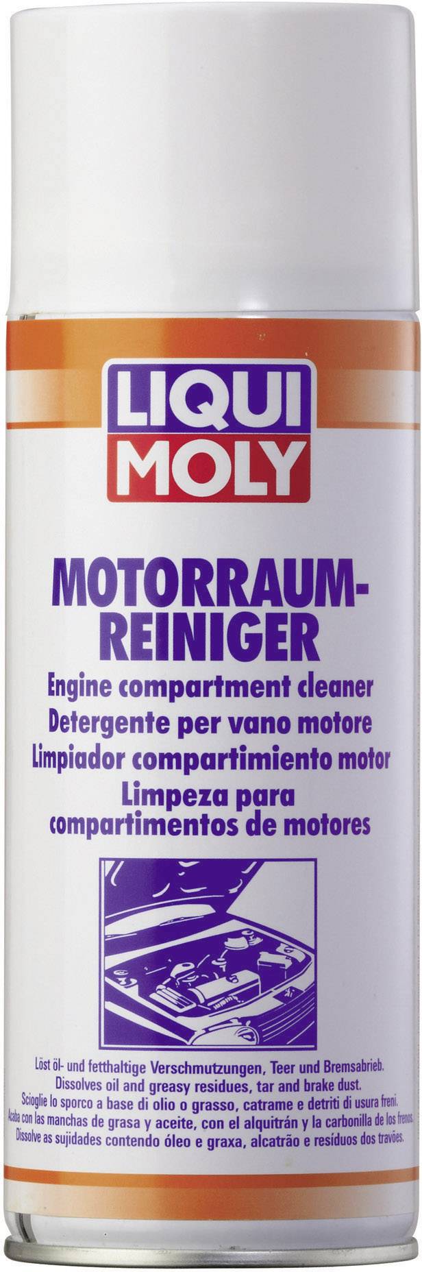 A Liqui Moly spray can with the label 'Engine Bay Cleaner', for cleaning engine compartments.