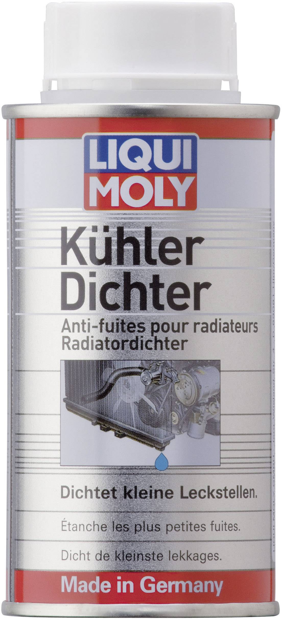 A tin of 'LIQUI MOLY Radiator Seal', suitable for sealing small leaks in cooling systems, with multi-language labelling.