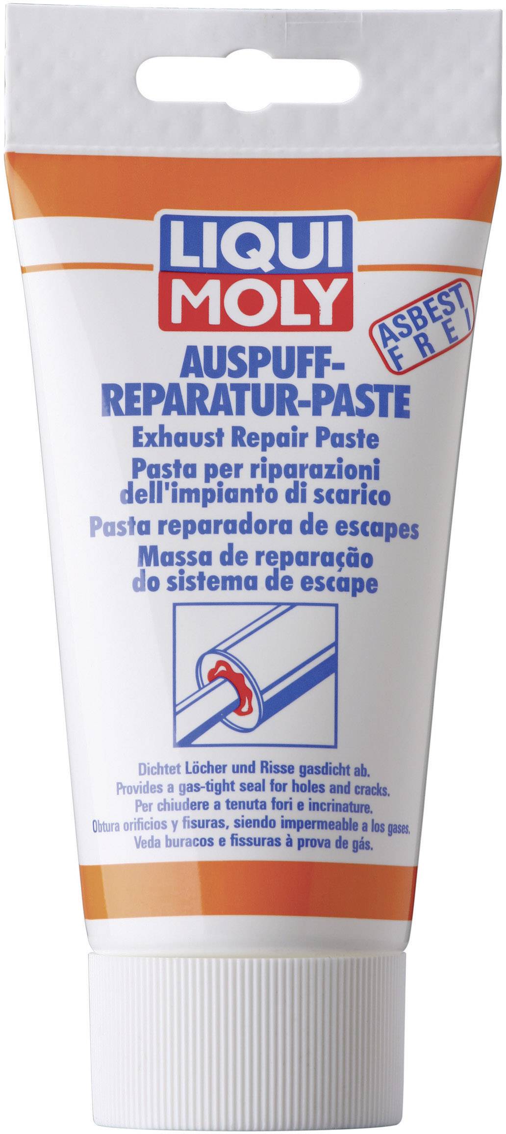 Tube packaging of Liqui Moly Exhaust Repair Paste. Asbestos-free. Seals holes and cracks in the exhaust system.