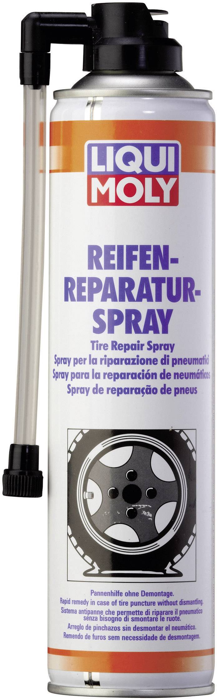 Liqui Moly tyre repair spray can, pictured with usage instructions and an image of a car tyre on the front.