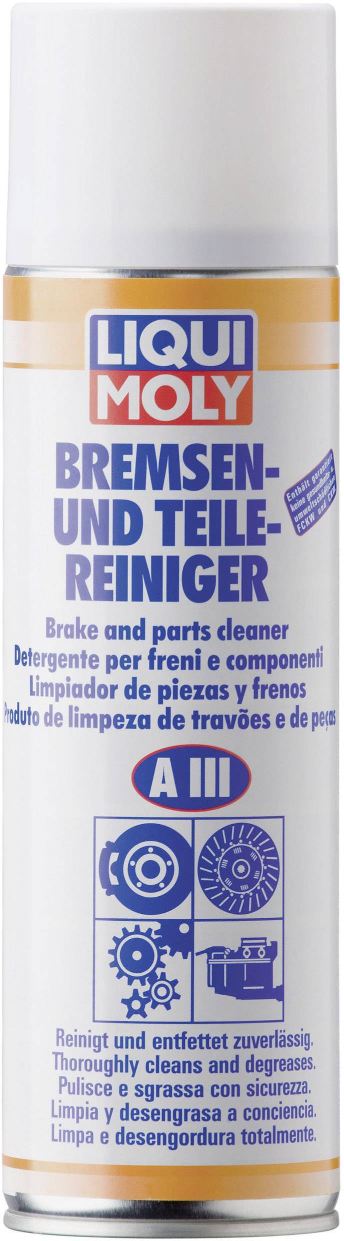 Spray can with the label 'Liqui Moly Brake and Parts Cleaner'. Contains details for use as a cleaner for brakes and components.
