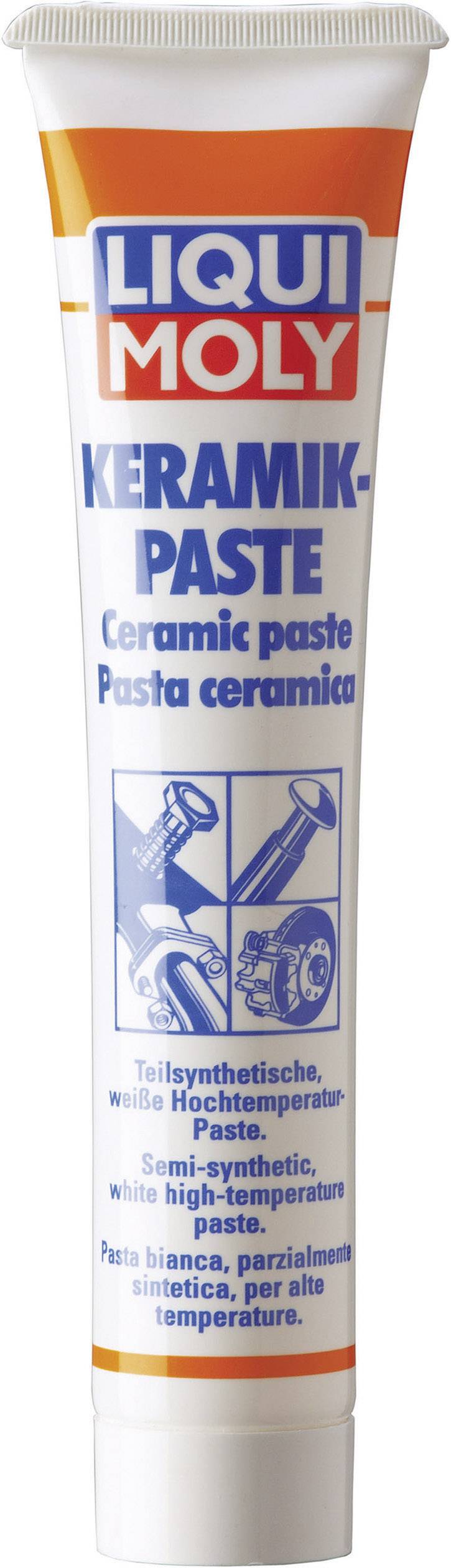 Tube of 'Liqui Moly Ceramic Paste', shown with illustrations demonstrating application on automotive and mechanical components.