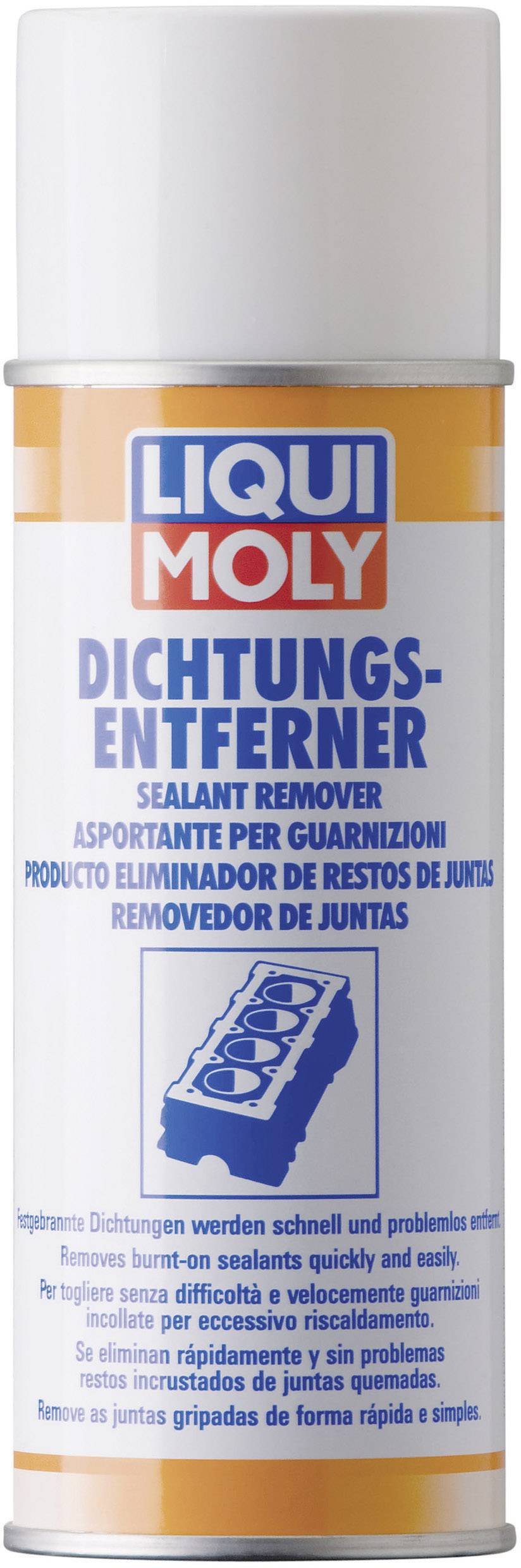 The image shows a spray can of Liqui Moly Sealant Remover. The remover eliminates sealants quickly and thoroughly.