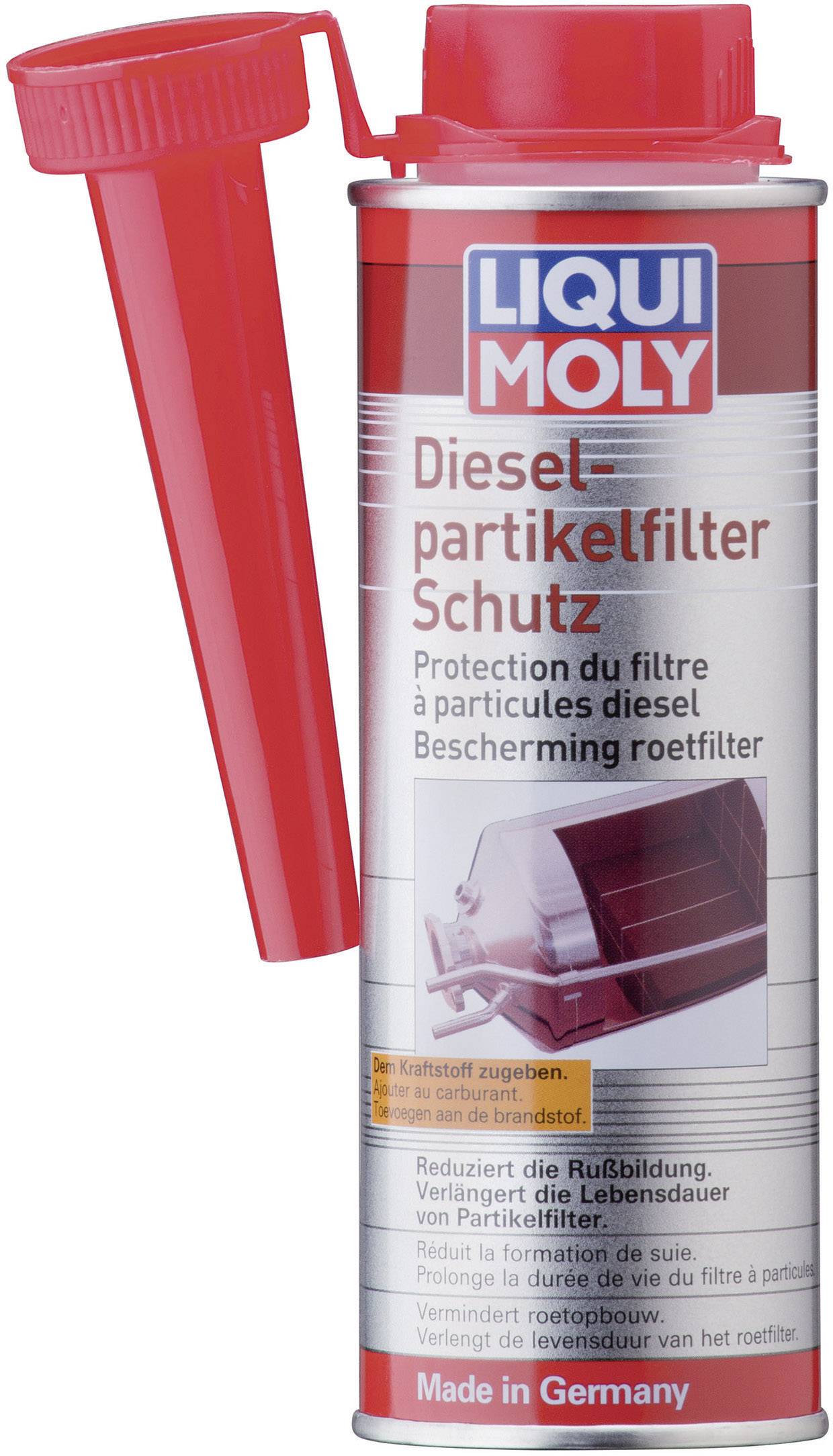 A red bottle of Liqui Moly Diesel Particulate Filter Protection with measuring attachment. Reduces soot formation and protects the diesel particulate filter.
