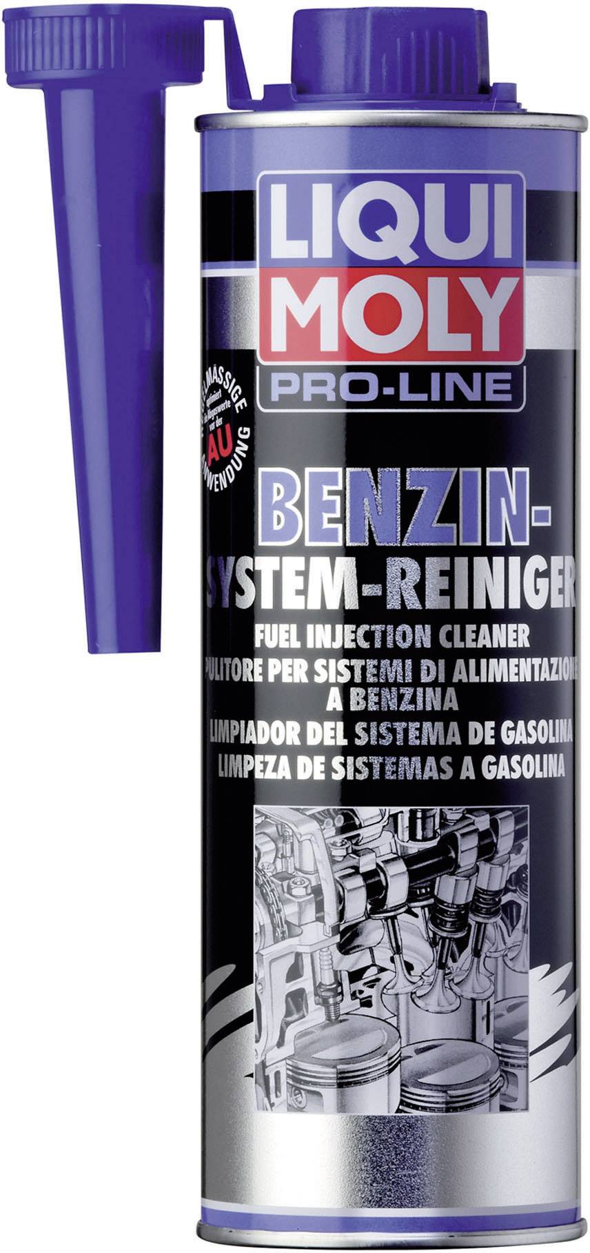 The image shows a tin of 'Liqui Moly Pro-Line Petrol System Cleaner'. It contains information in multiple languages.