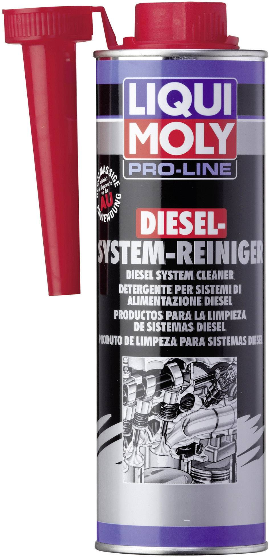 A tin of Liqui Moly Diesel System Cleaner with a red pourer, for cleaning diesel systems.