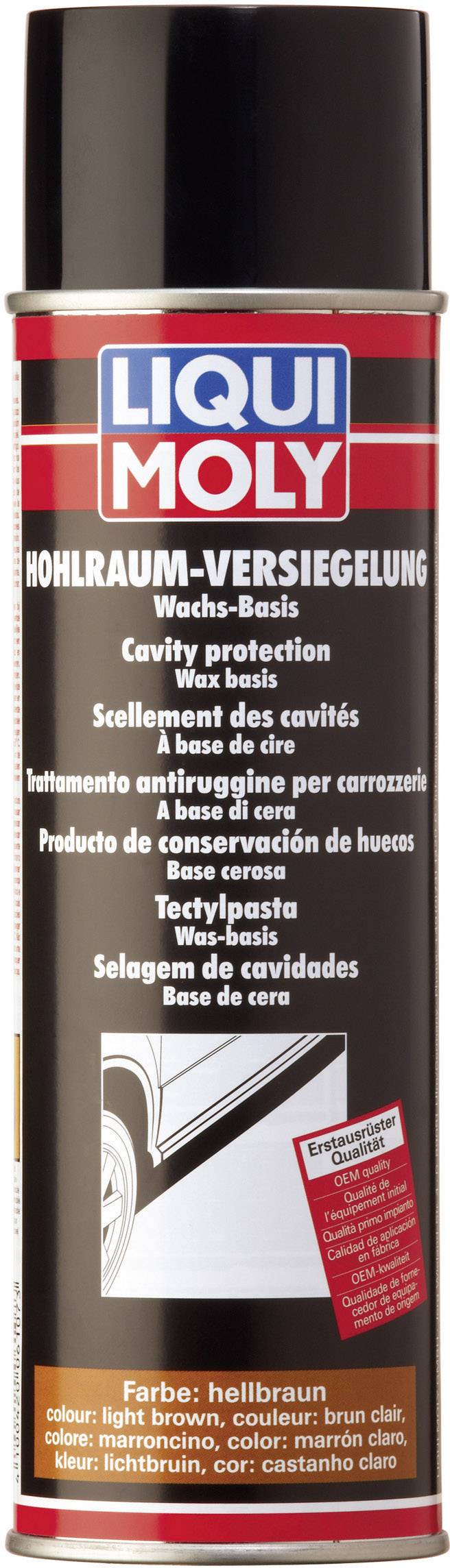 'Liqui Moly Hohlraum-Versiegelung' Spraydose, Wachs-Basis für Rostschutz. Farbe: hellbraun. Abbildung eines Autoteils.