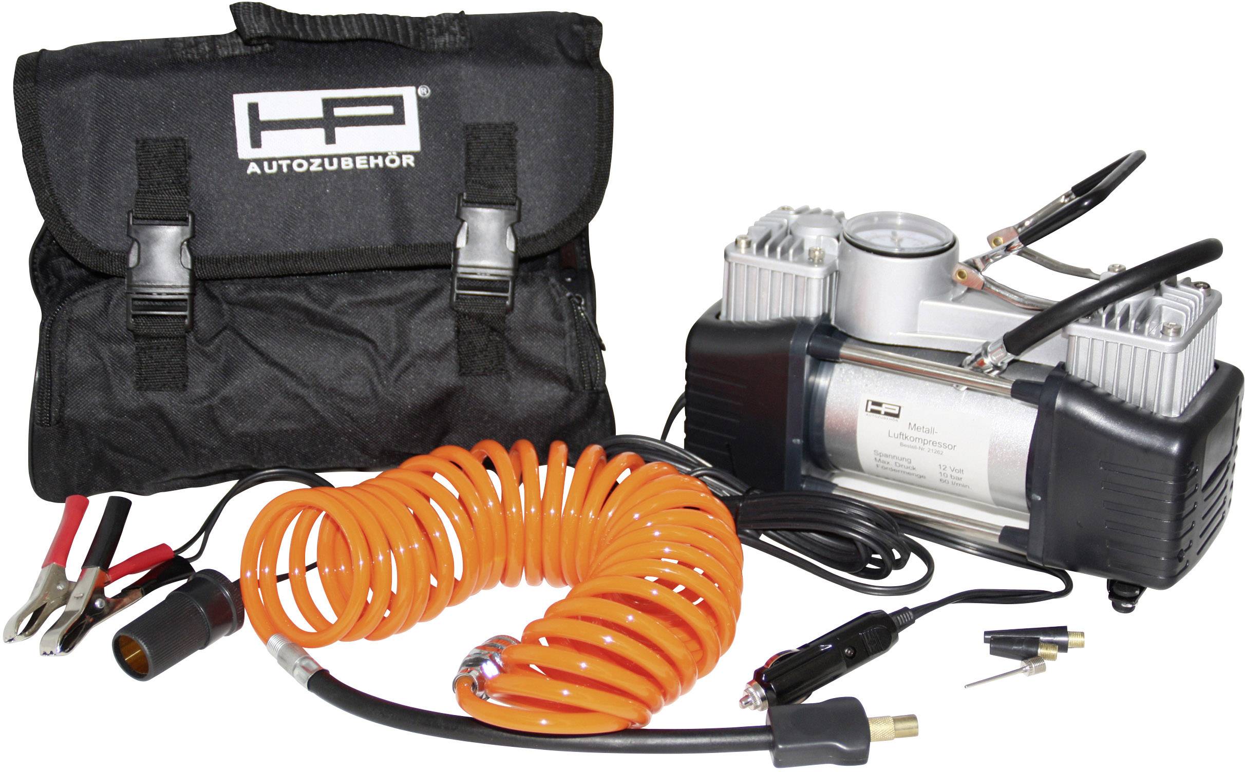 Air compressor set with black carry bag, orange spiral hose, power cable with clips and accessories for inflating tyres.