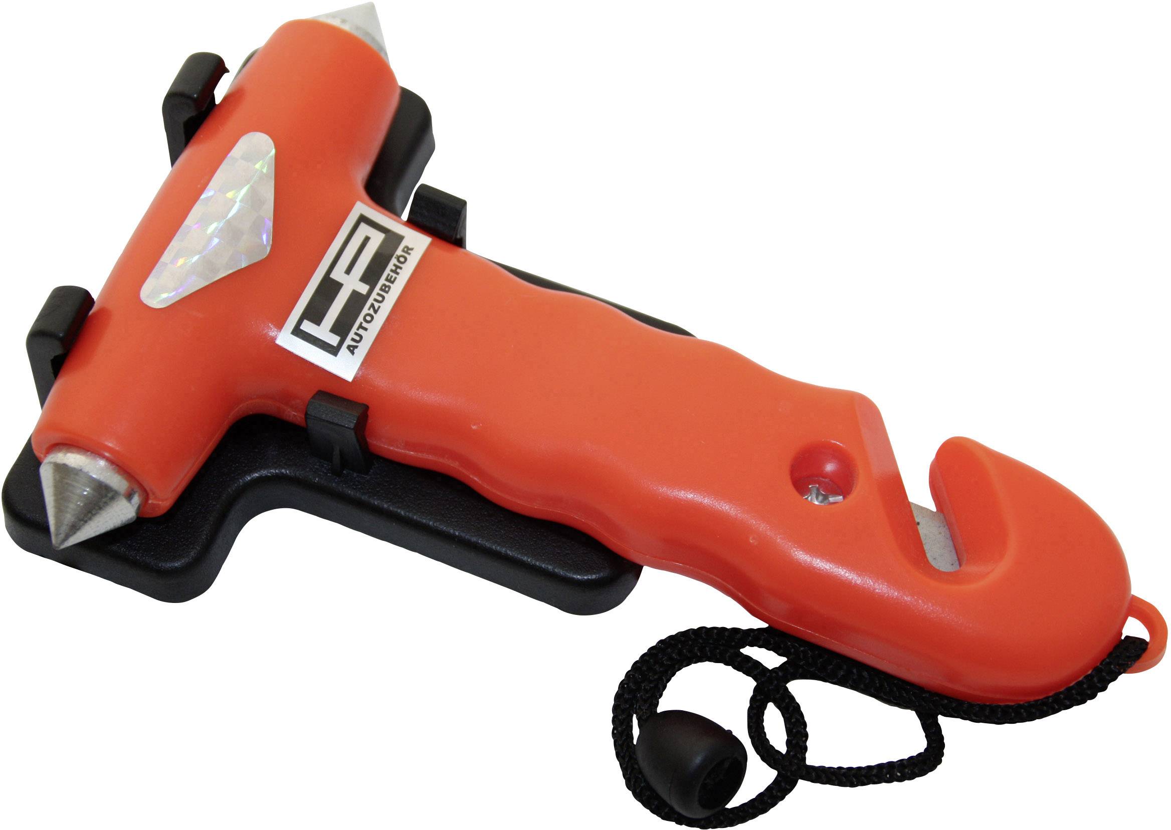 A red emergency hammer with an integrated seat belt cutting blade, suitable for use in a car to cut through safety belts.