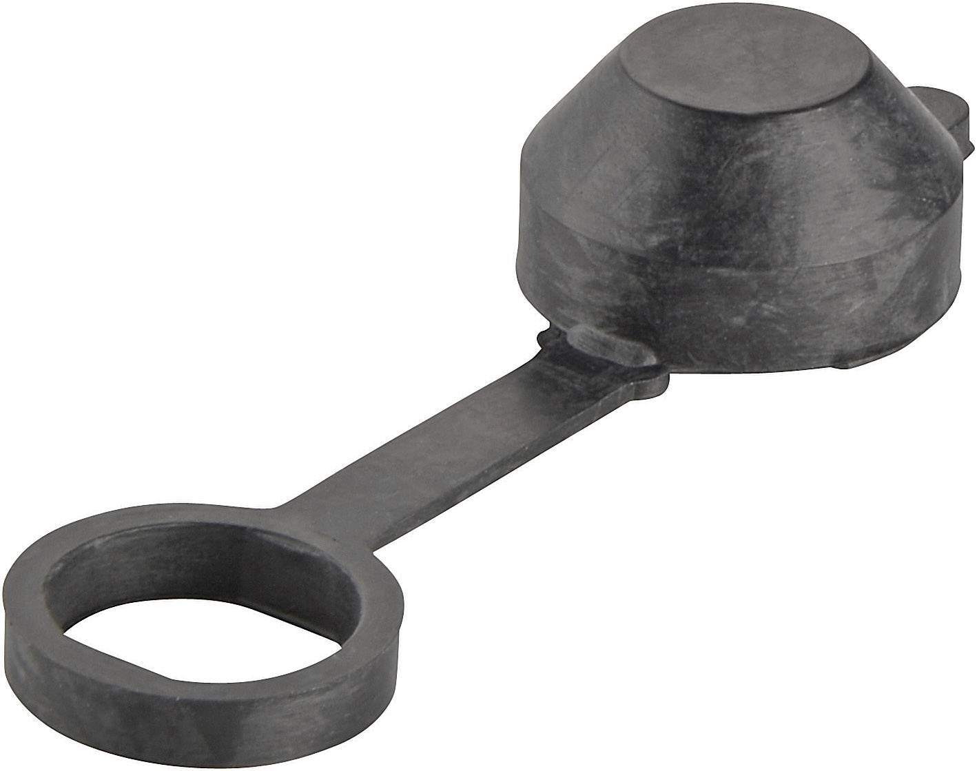 A black rubber cap with a round lid attached to a flexible loop, presumably for covering a connection or valve.