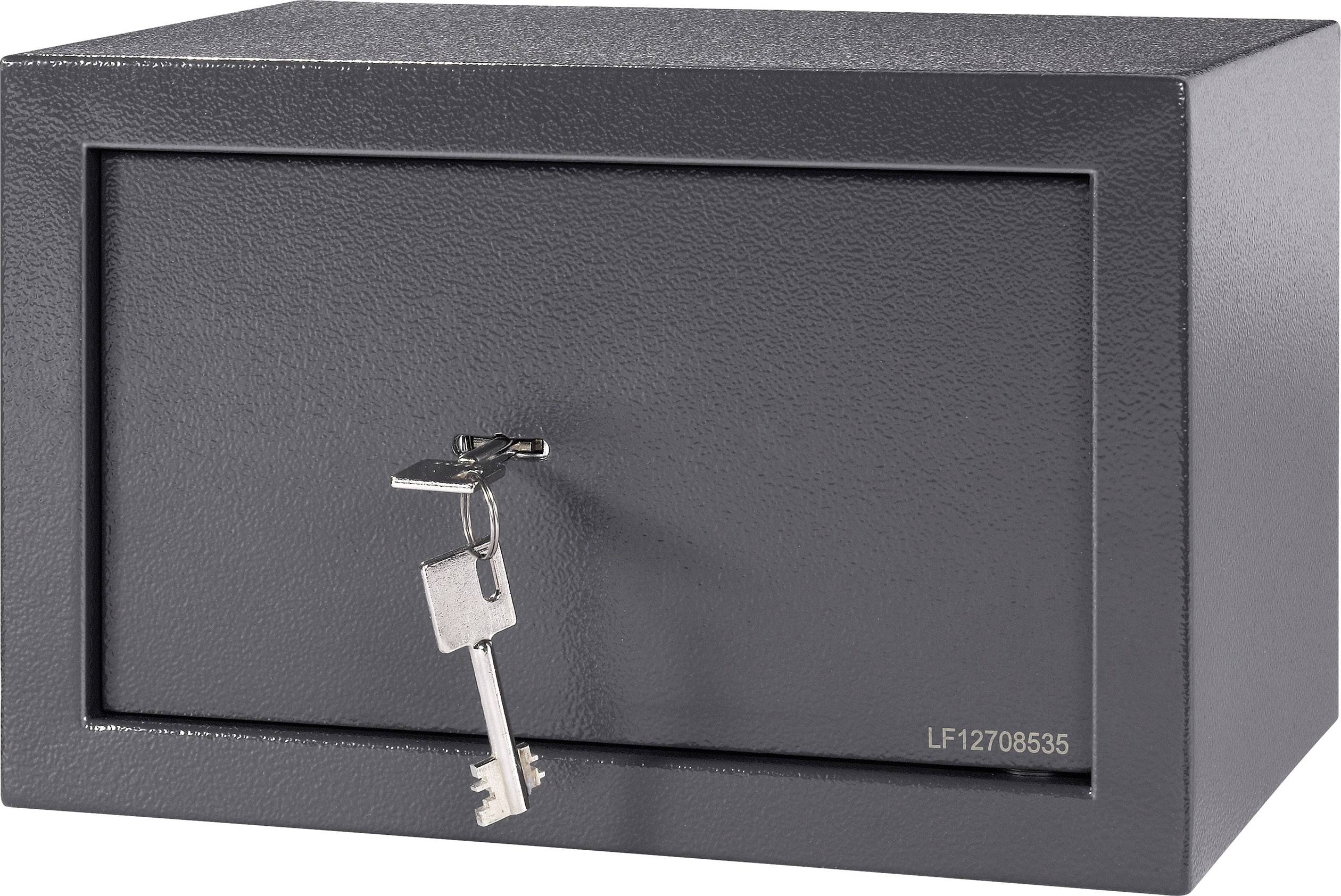 Grey-black safe with a metal structure and a key inserted in the lock, ready to be unlocked.
