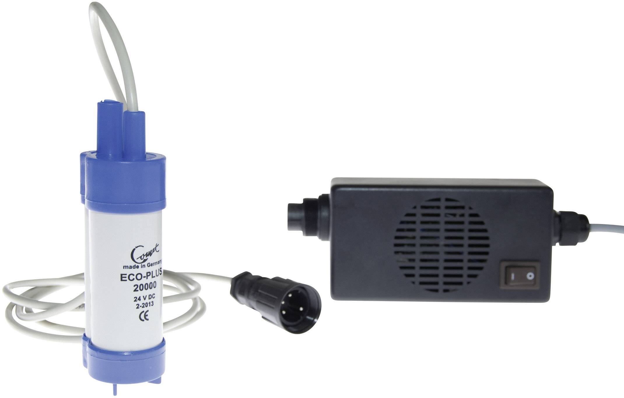 Pump system with a blue, cylindrical water pump and black power supply. Pump bears the inscription Eco-Plus 2000.