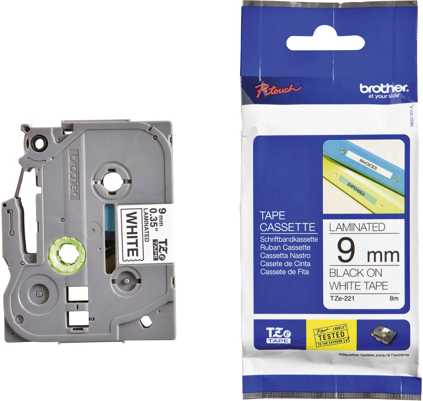 'Brother P-touch' 9mm Label Tape Cassette in White-Black for Labelling Device, packaged and unpackaged shown side by side.