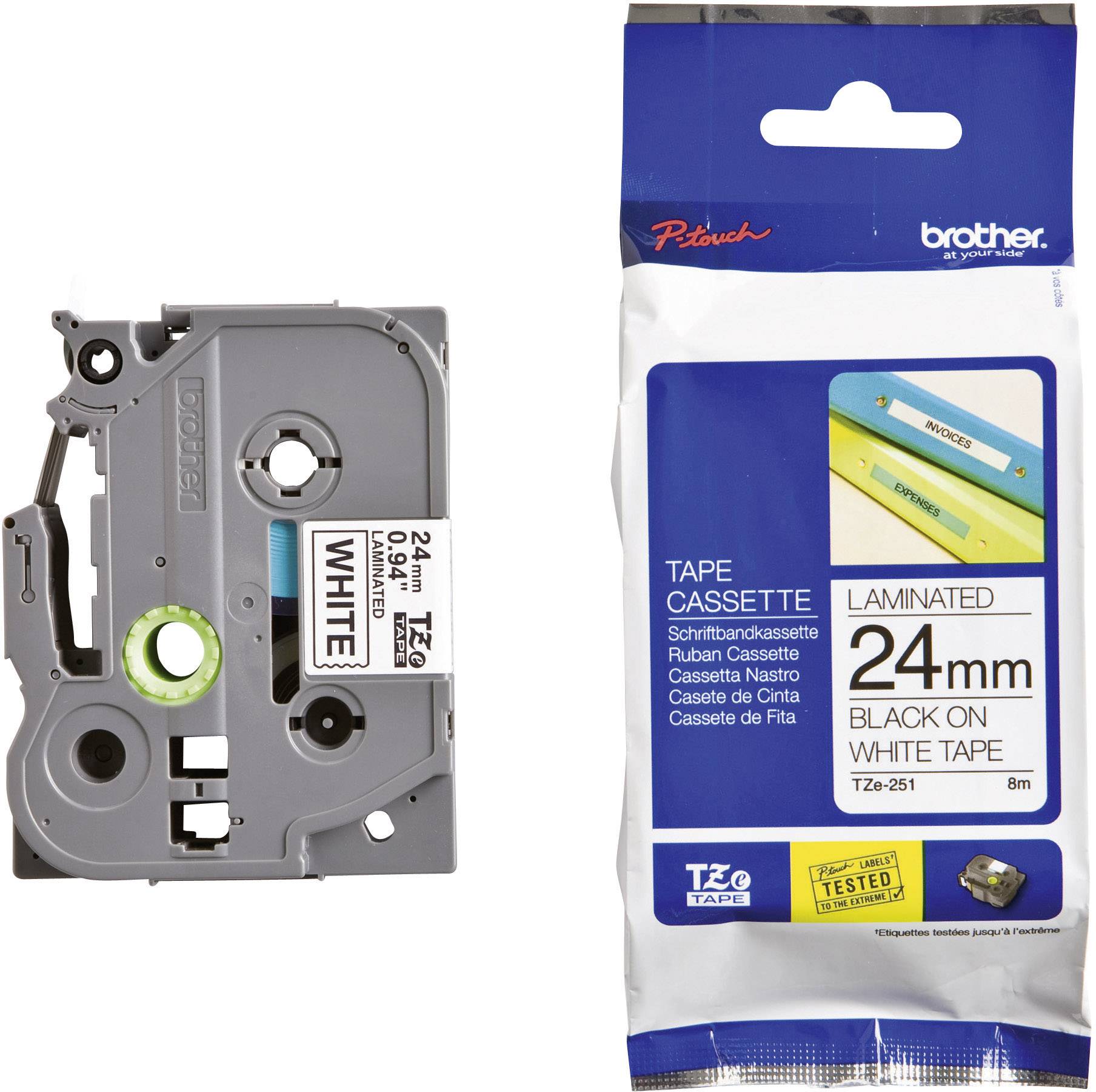 Packaging and cassette of a 24 mm black printing tape on white tape by Brother. Suitable for label printers.