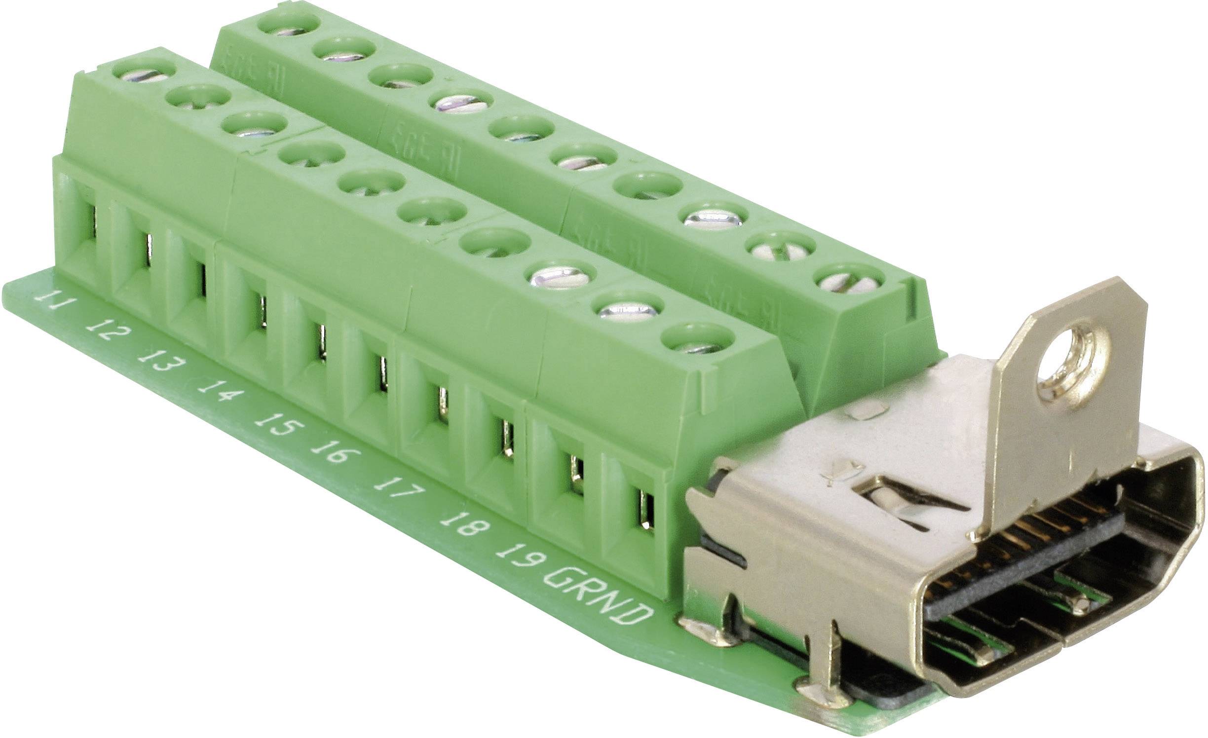 Green connector with 20 connections, including USB connection on the right.