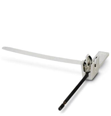 A white cable tie with a metal fastener is resting on a white surface.