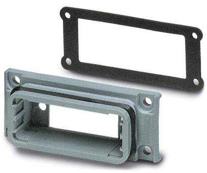 Image of a rectangular metal connector with mounting bracket and seal, suitable for industrial applications.