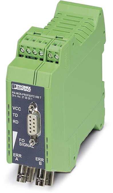 A green electronic module with multiple port connections, labelled 'VCC', 'TD', 'RD' and 'FO SIGNAL'. Has status indicators 'ERR A' and 'ERR B'.
