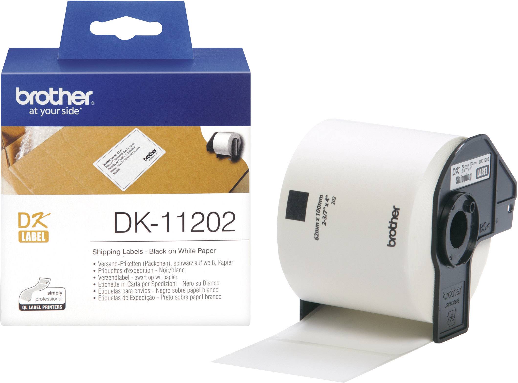 Packaging and Roll of Brother DK-11202 Dispatch Labels. Text on packaging: 'Dispatch Labels - Black on White. 62x100 mm'.
