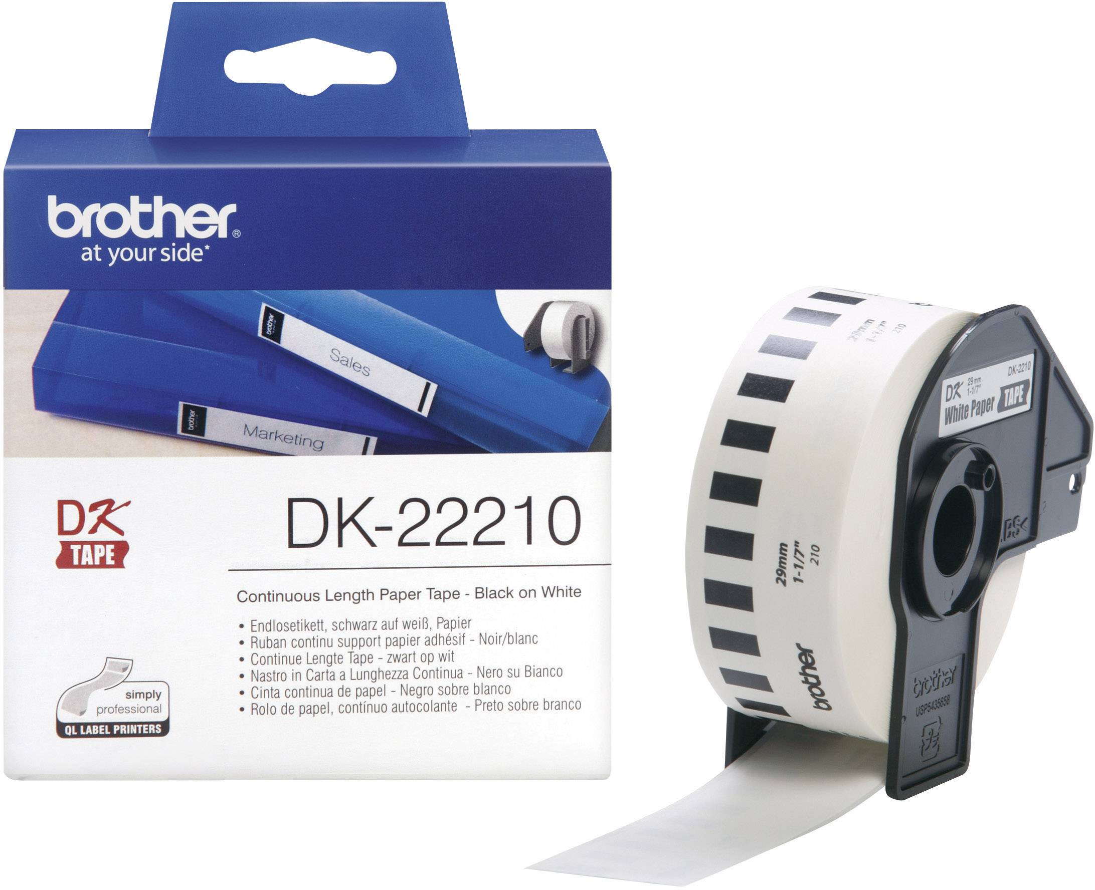 'Brother DK-22210' Label Roll, continuous white paper tape with black text, shows packaging and a mounted tape.