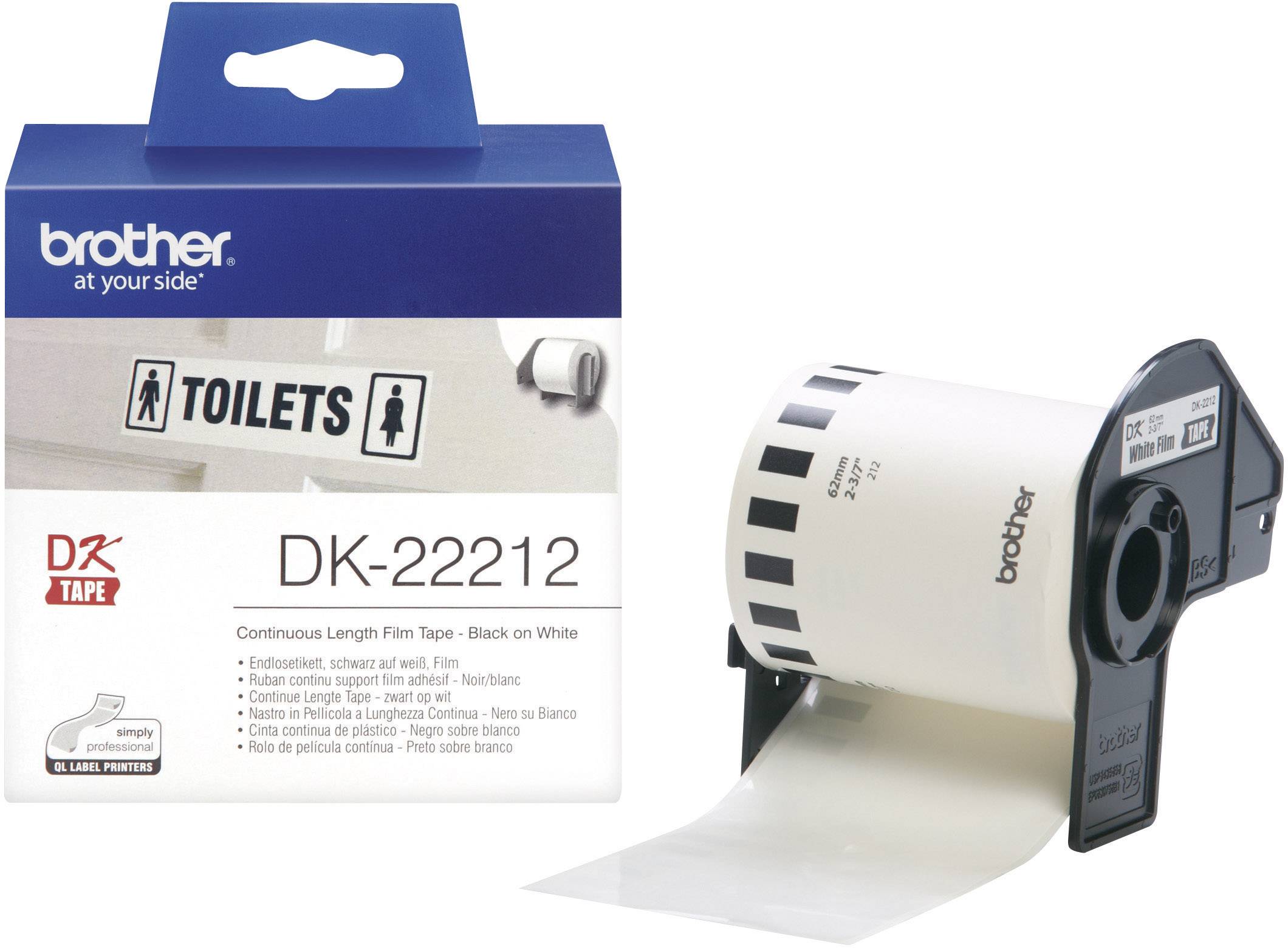 A Brother DK-22212 continuous label roll, black on white, next to the packaging which is advertised for toilet signs.