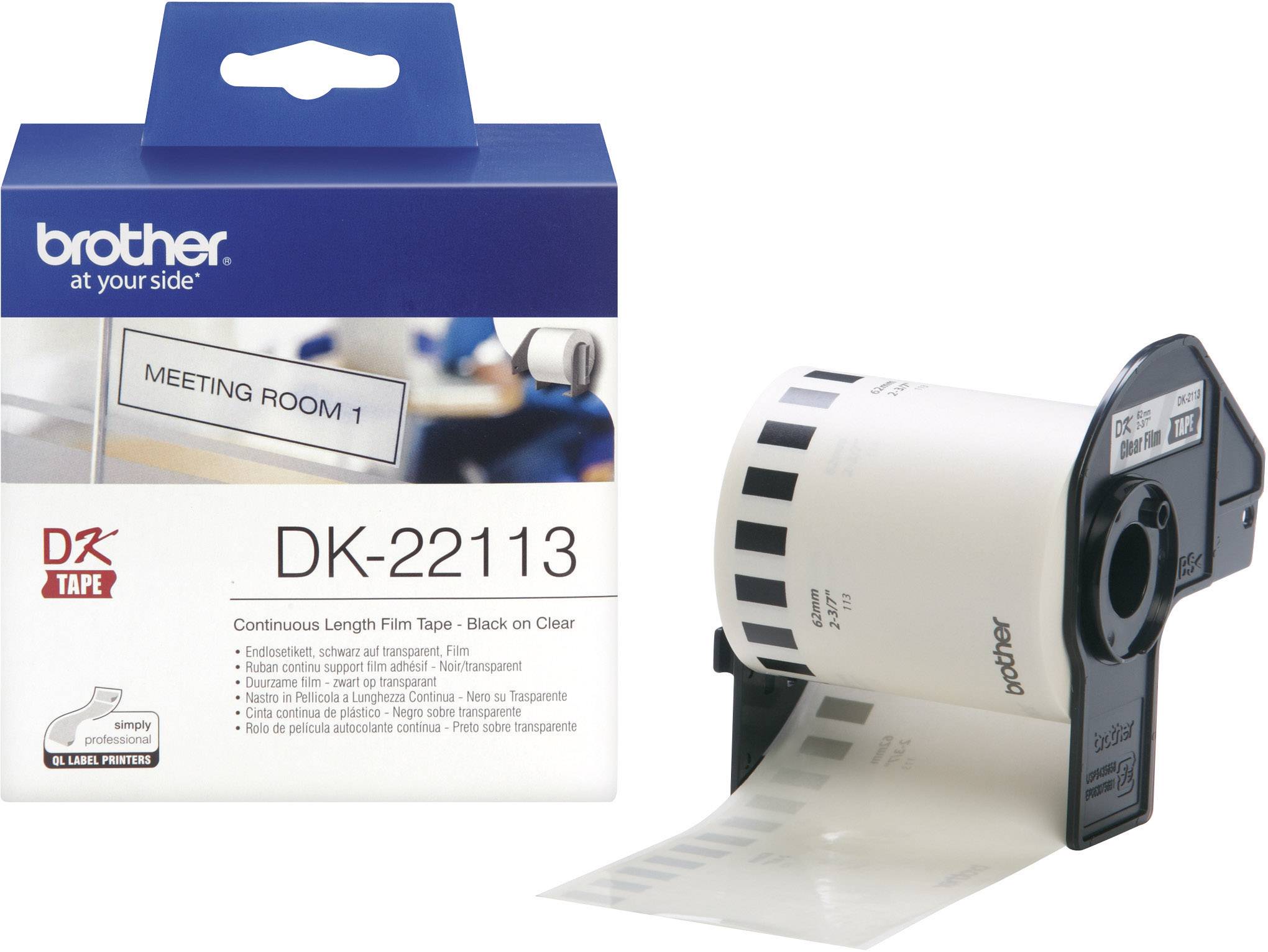Packaging for a Brother DK-22113 Continuous Label Film Roll. Shows a roll with black text on a clear background. Suitable for labelling.
