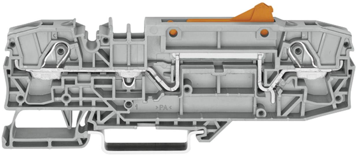 A grey technical component with an orange part. It reveals a complex interior and connections.