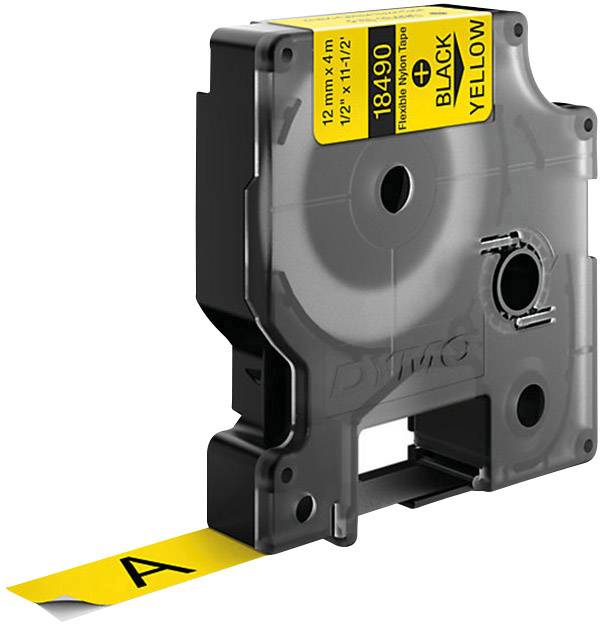 Black text on a yellow label tape, standing out from a grey labelling cassette.