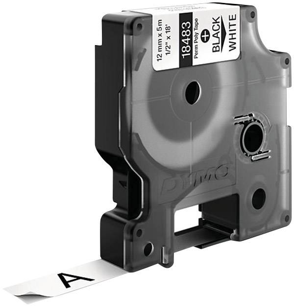 Black print on white Dymo label tape cassette, width 12 mm, length 5 m. Cassette for labelling device.