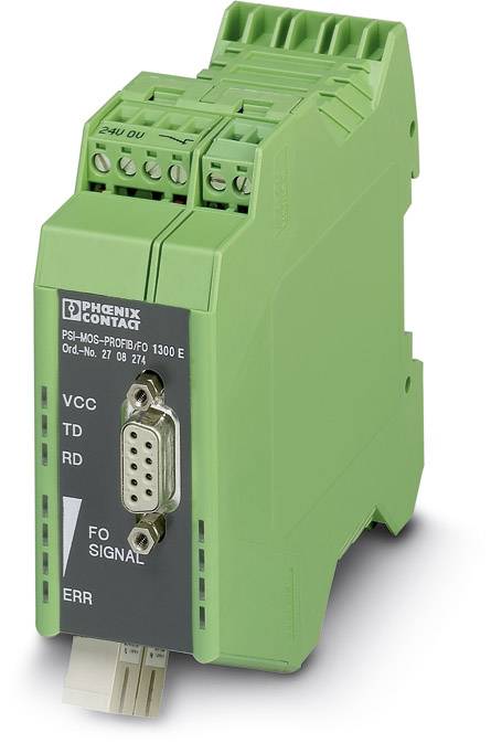A green electronic device from Phoenix Contact, with multiple ports on top and a VGA port at the front, shown.