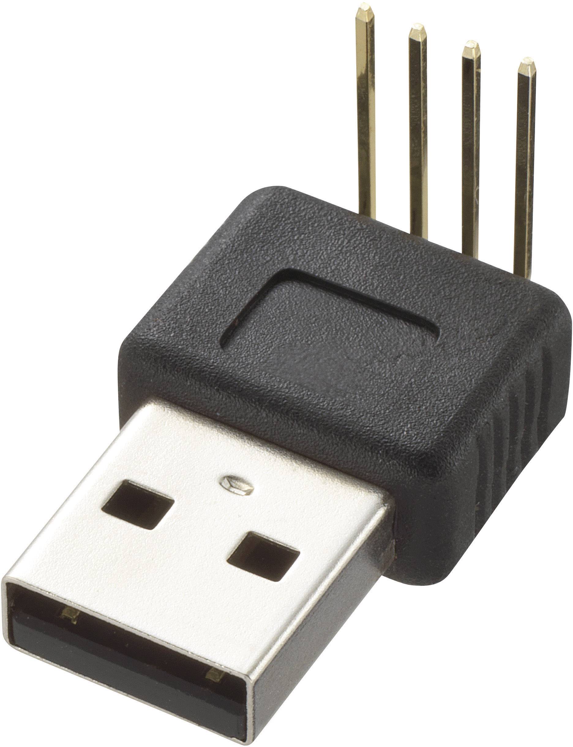 USB adapter with a black casing and four golden pins protruding from the top surface, for connecting between devices.