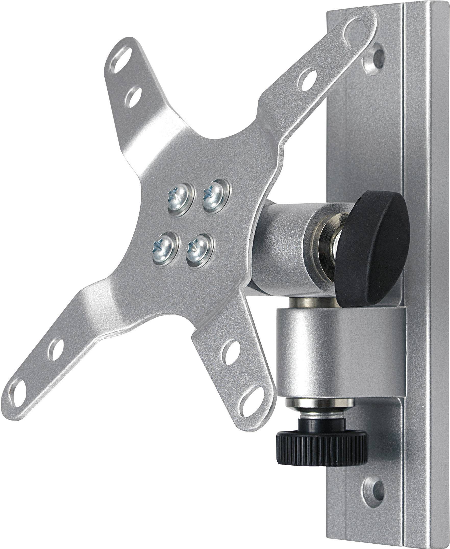 Wall mount for a monitor, silver in colour, with adjustable arm and mounting screws, attached to a metal plate.