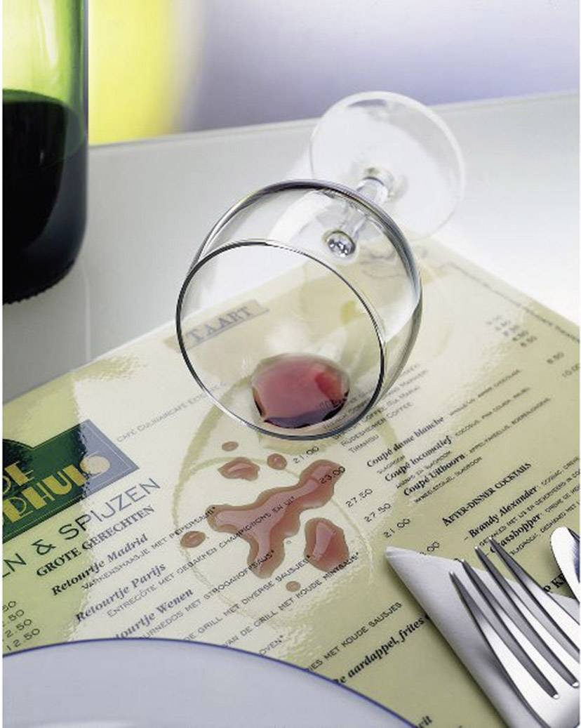 Overturned wine glass on a restaurant table, with red wine spilling onto a menu. Alongside are a knife and fork.