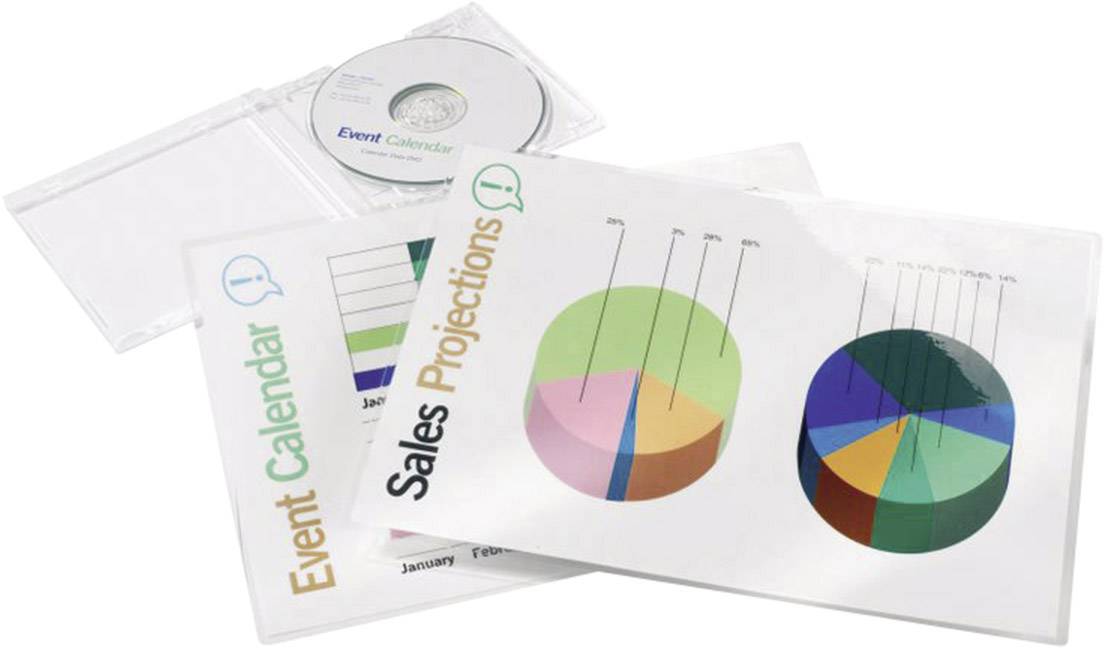 CD case labelled 'Event Calendar', alongside two paper diagrams for 'Sales Projections' with varying colour ranges.