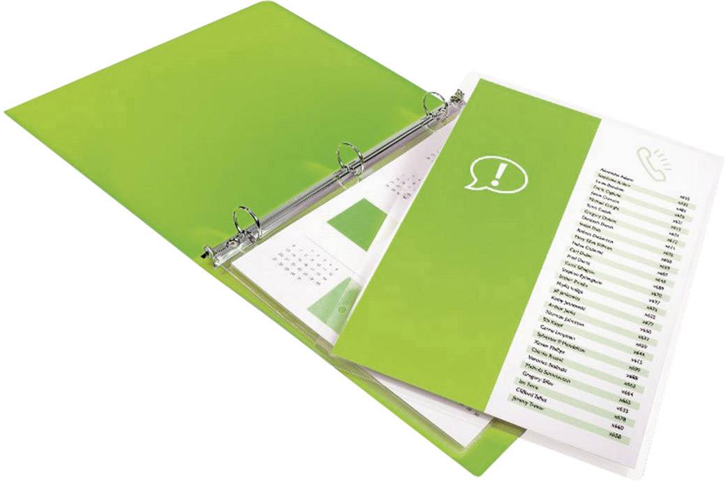 Green folder with an open ring mechanism and inserted papers; a list and graphic elements are on top.