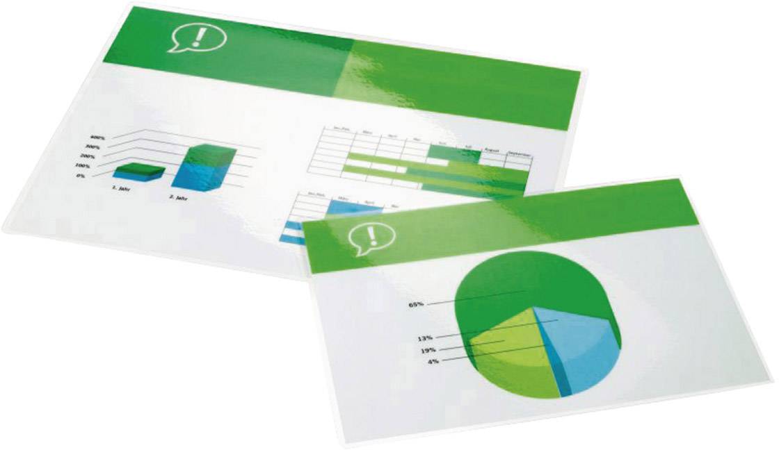 Two coloured diagrams on paper, one a 3D bar chart, the other a pie chart, each with green and blue segments.