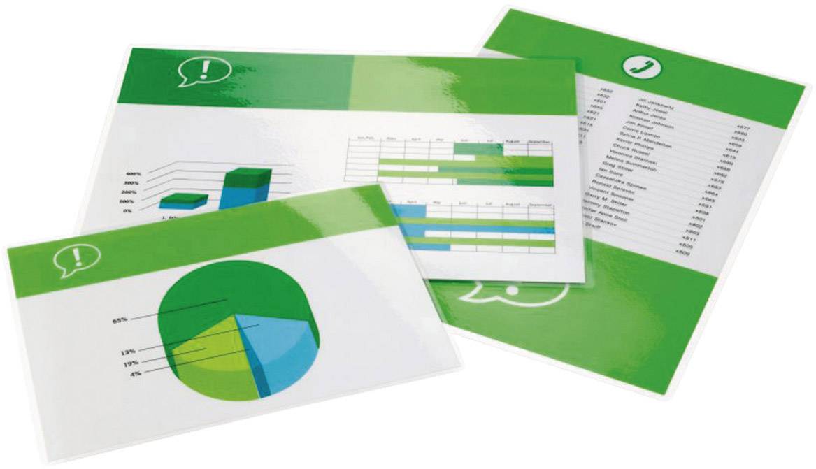 Three laminated diagrams show bar, pie chart, and table views. The main colours are green and blue. The contents are illegible.