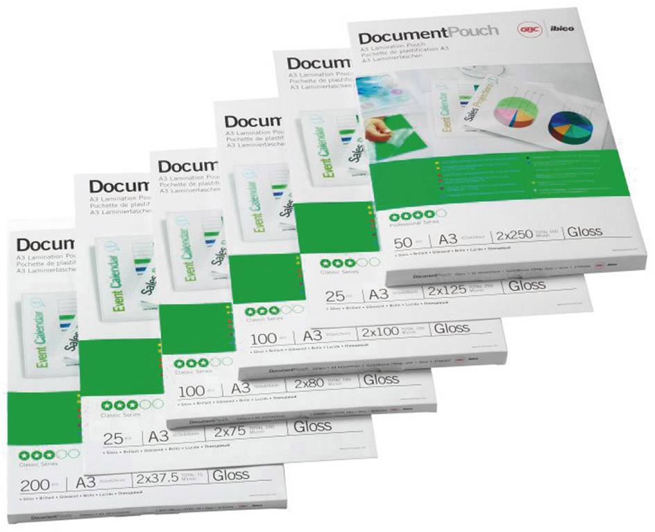 A stack of glossy laminating pouches in various sizes (A4, A3) on a white background. Packaging displays colourful diagrams.