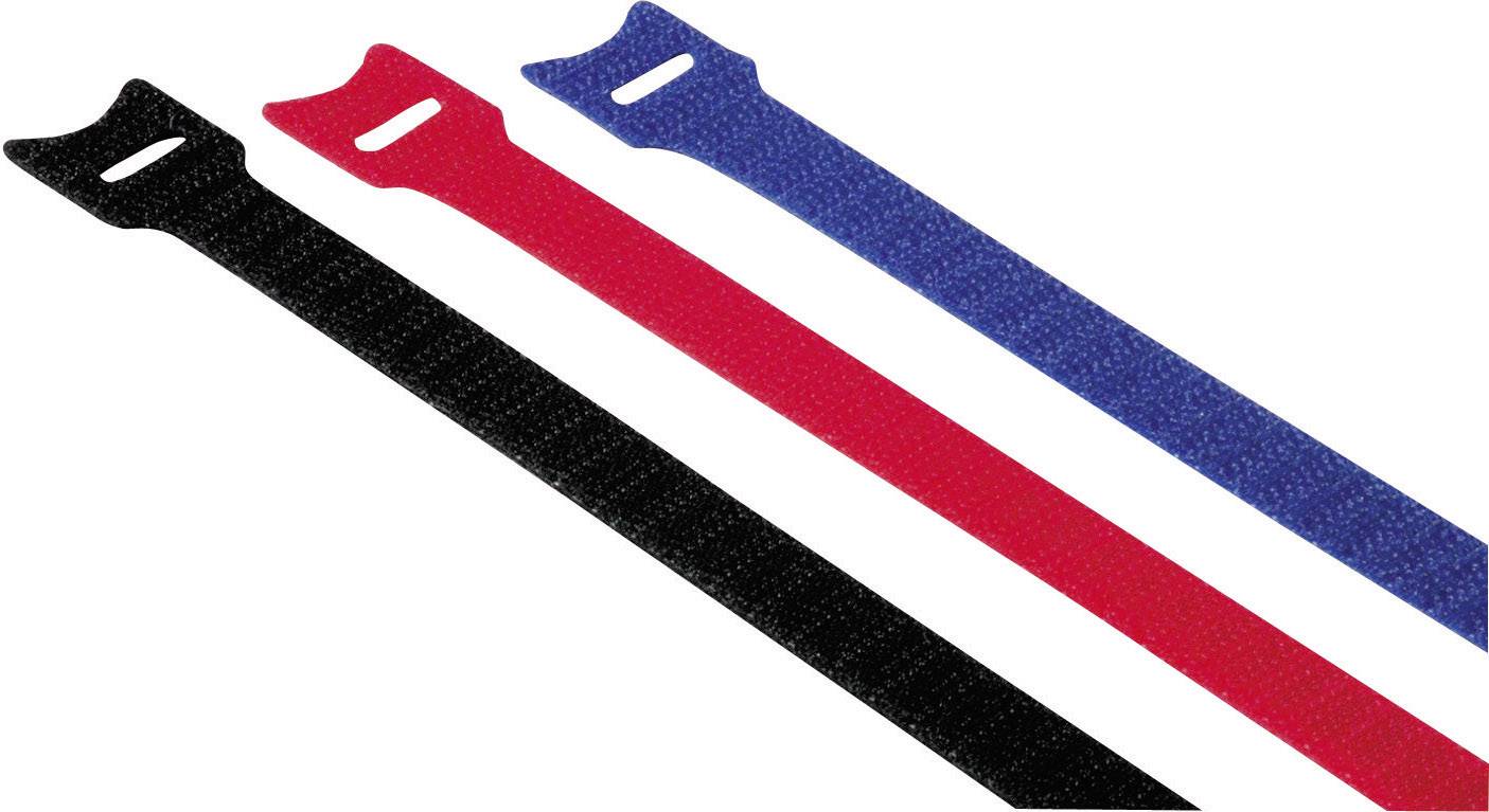 Three hook-and-loop tape strips in black, red, and blue are lying side by side. They are flat and have a loop at the top end.