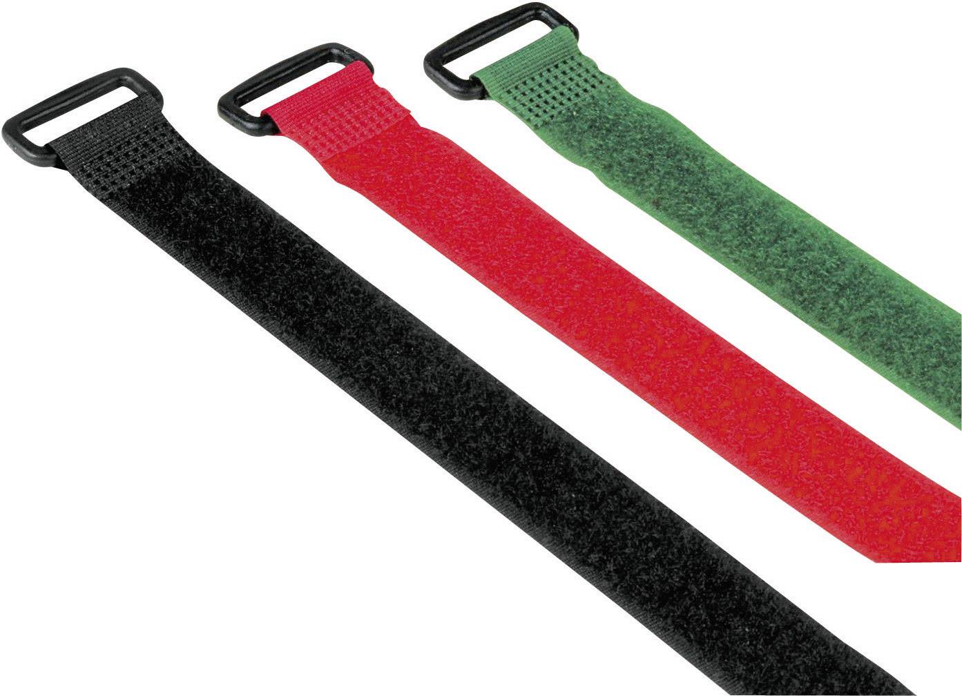 Three hook and loop cable ties side by side: black, red, green. They have a plastic buckle at one end and are suitable for cable management.