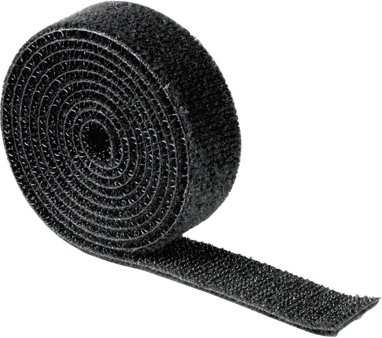 A roll of black hook and loop tape, partially unrolled, identifiable by the small hooks and loops for fastening.