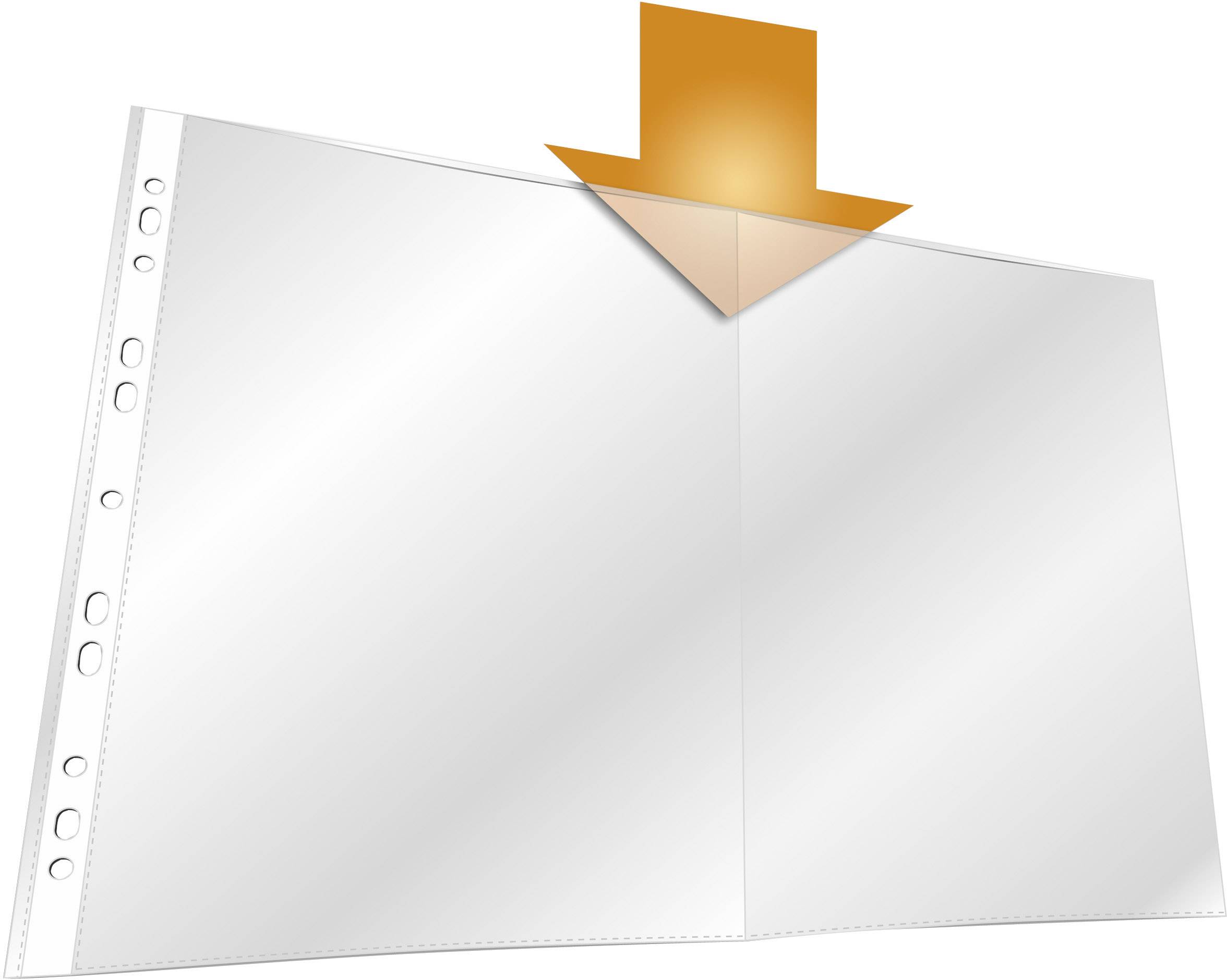 Transparent document sleeve with side-punched holes, with an orange arrowhead pointing above it.