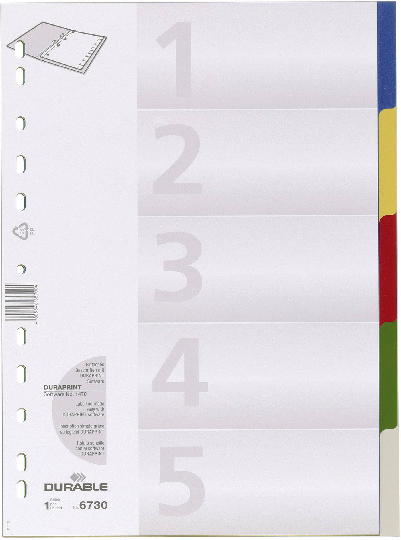 Plastic register dividers with numbered tabs 1 to 5 in assorted colours. Brand name 'Durable'.