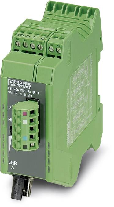 A green electrical device by Phoenix Contact, model PCL-MOS-DE. It displays connection terminals and LED indicators for status.