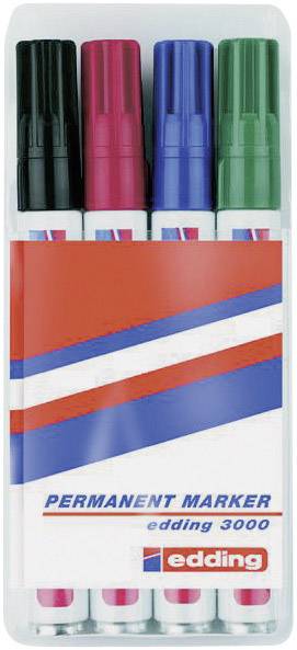 Four edding permanent markers in Black, Red, Blue and Green, packaged in a transparent plastic box.