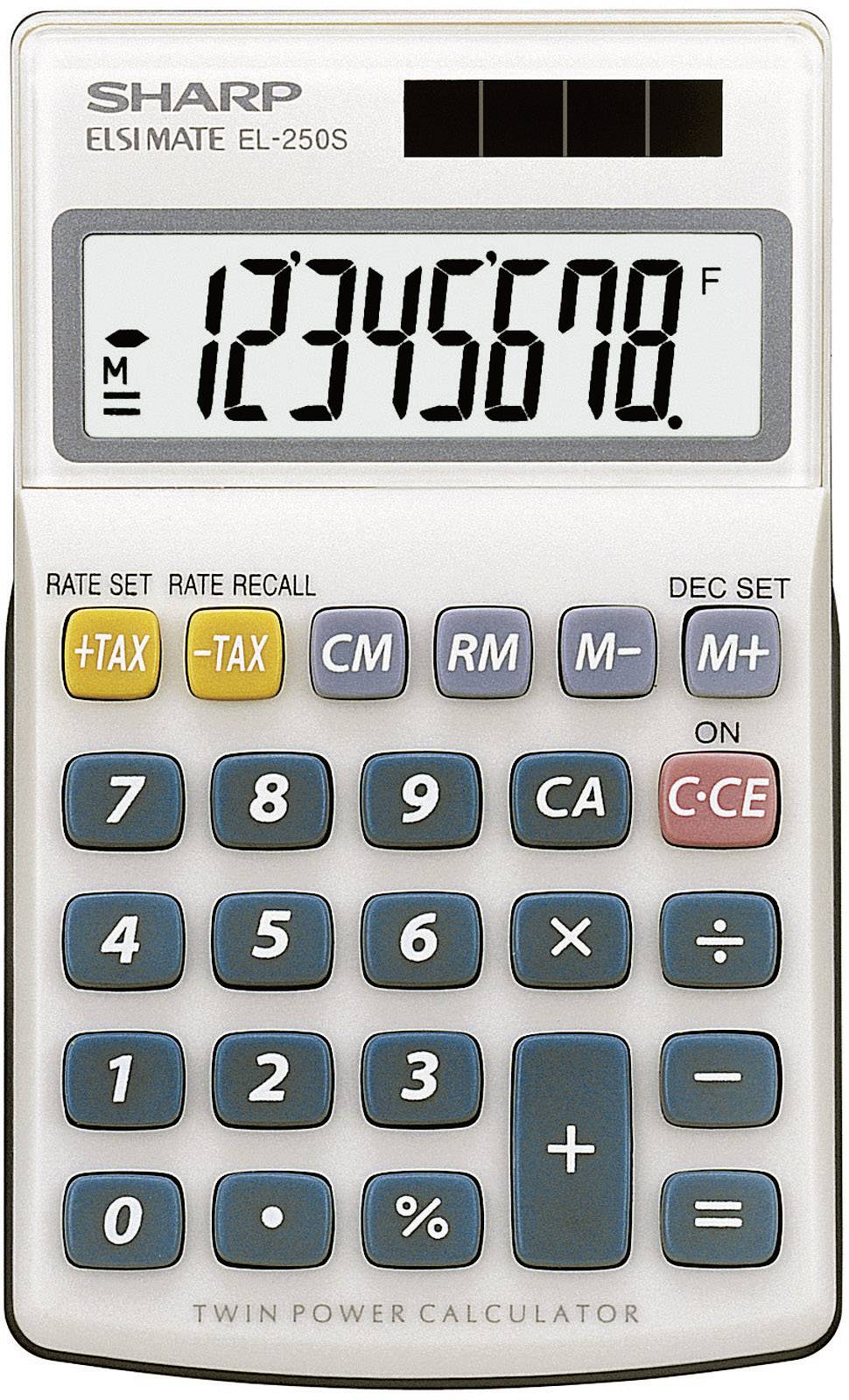 An electronic pocket calculator with a display showing the numbers '12345678', with calculation and memory function buttons underneath.