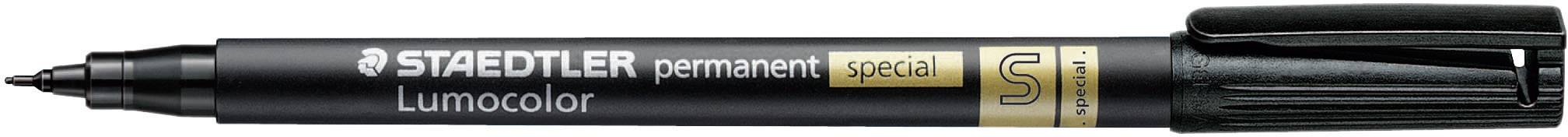 Black Staedtler Lumocolor permanent marker with fine tip, suitable for various surfaces, including cap.