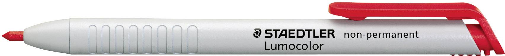 A red, non-permanent Staedtler Lumocolor pen with a grey barrel and red clip.