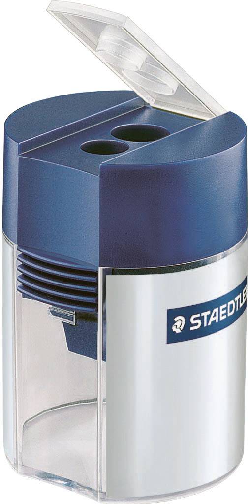 A blue and transparent pencil sharpener with an open cap and two openings, suitable for various pencil sizes.